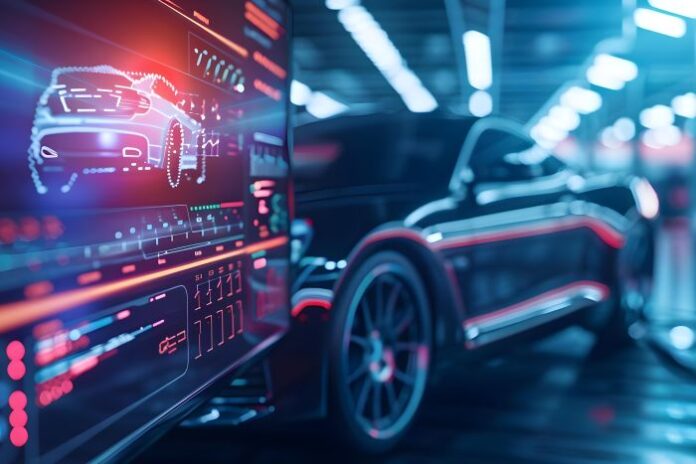 detailed-car-diagnostics-monitor-automotive-testing-facility-hyperrealistic-view-concept-automotive-testing-facility-car-diagnostics-hyperrealistic-view-technology-monitor-display auto repair shop with new car