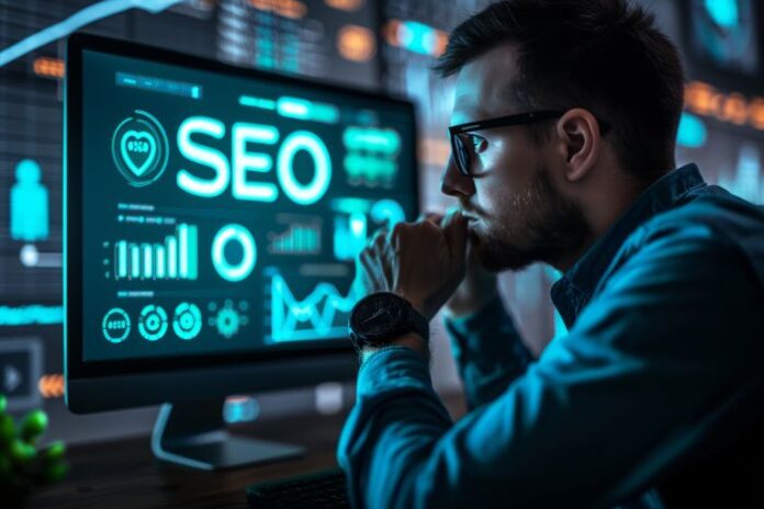 digital-marketing-specialist-interacts-with-futuristic-seo-interface-against-cityscape-background man looking at seo dashboard