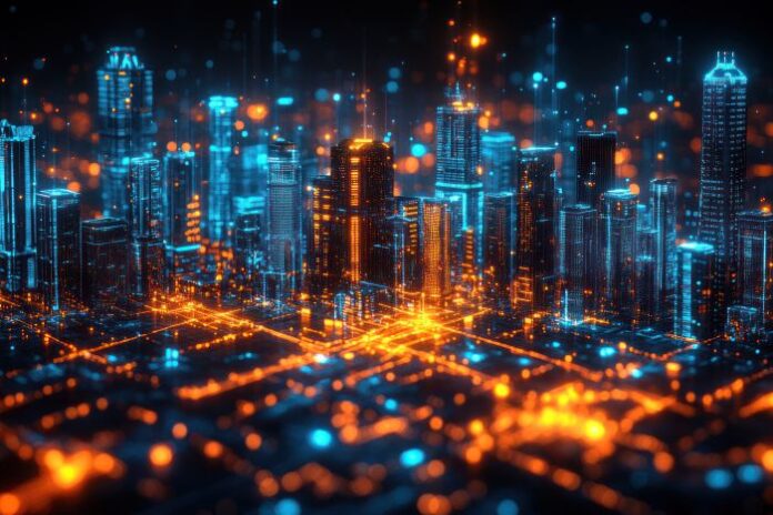 futuristic-cityscape-illuminated-by-vibrant-blue-orange-lights city planning with cre platform realmo