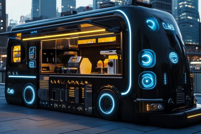 futuristic-food-truck-with-glowing-neon-lights-parked-city-setting food service operations truck