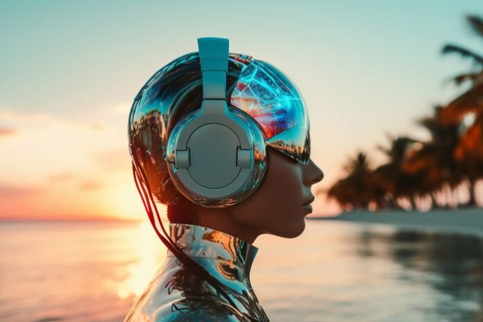 futuristic-person-listening-music-ultra-modern-headphones person using ai music generator