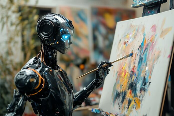 futuristic-robot-artist-paints-canvas-with-brush-creating-vibrant-abstract-masterpiece ai creating art with professional design