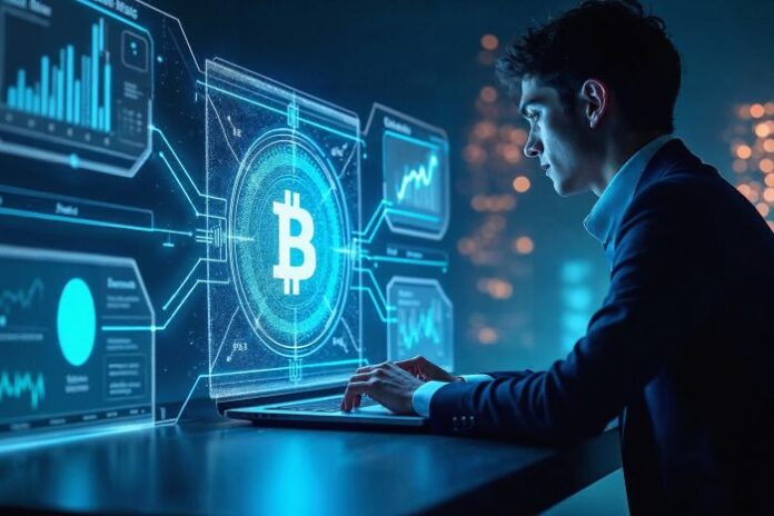 futuristic-technology-hologram man using crypto marketing