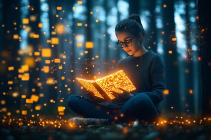 girl-reading-glowing-book-enchanted-forest-empowerment-through-knowledge girl demonstrating human reading mechanics with focused attention