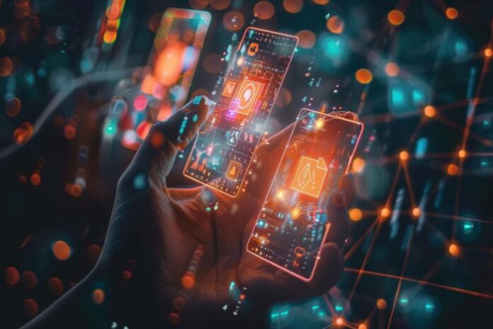 hand-holding-two-smartphones-with-futuristic-interfaces-network-connections hand holding esim card on phone