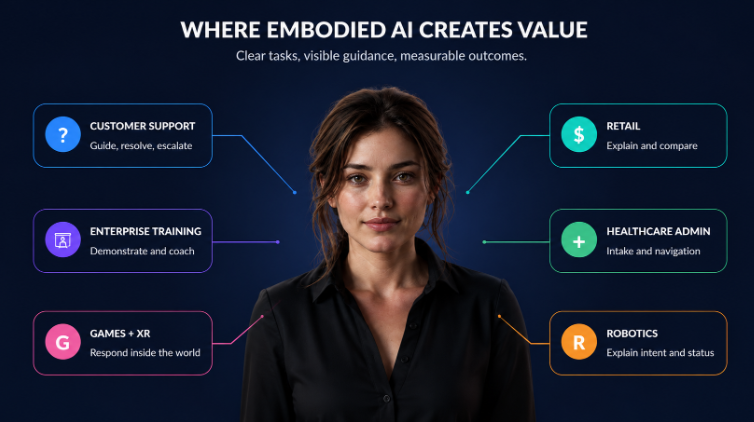 Embodied AI creates the most value when visible guidance and interaction improve a defined task