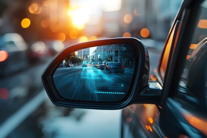 modern-car-mirror-with-digital-blind-spot-warning-urban-street-reflection modern car with blind-spot technology