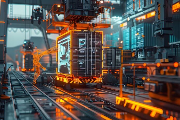 technological-futuristic-holograms-logistics-means-transport warehouse using robot technology
