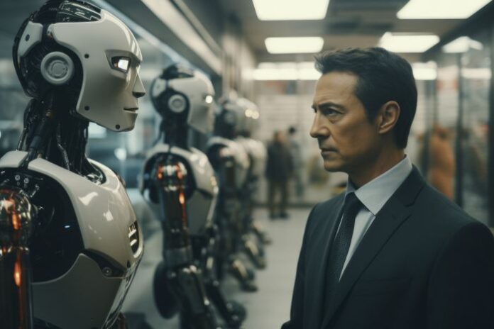 view-robot-human-businessperson business man looking at ai agents