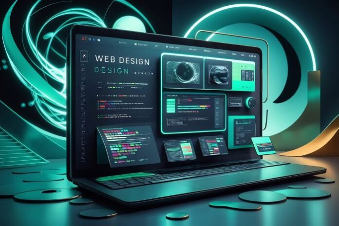 web-page-interface-design-web-design-web-development-concept-3d-rendering laptop displaying web design systems