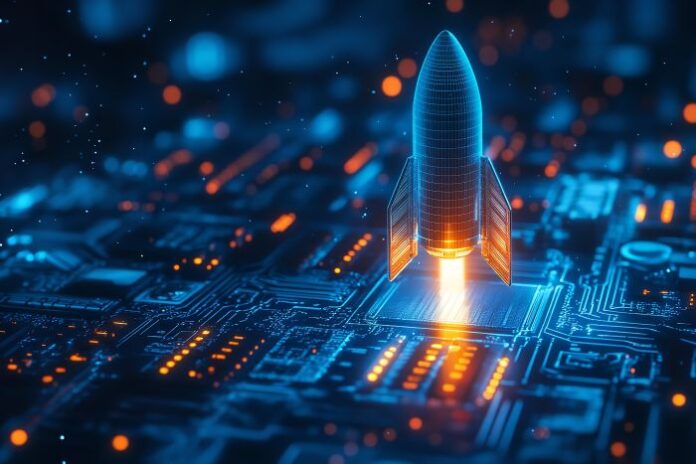 abstract-growth-graph-chart-with-launch-rocket-technology-blue-background-startup-success-business-concept-boost-metaphor-futuristic-light-generative-ai rocket showing a startup website