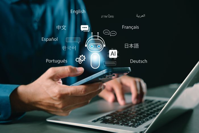 person using laptop with multilingual ai