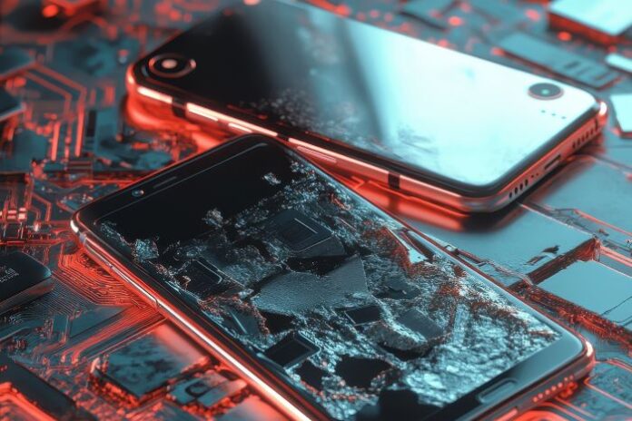 broken-smartphone-screen-display-circuit-board-with-red-blue-lighting broken phone needing device repair