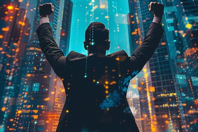 businessman-celebrating-success-with-dynamic-economic-background business man celebrating operational excellence