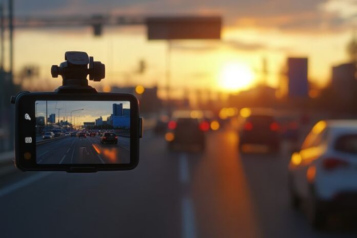 busy-road-traffic-monitored-by-car-dash-cam-sunset car driving with dash cameras