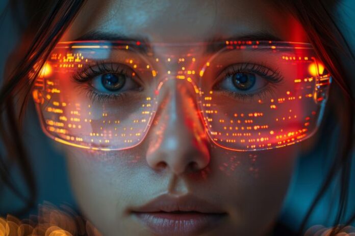 close-up-womans-face-with-futuristic-glasses-that-have-red-orange-light-display-ai-generative-xa woman using ai wearables