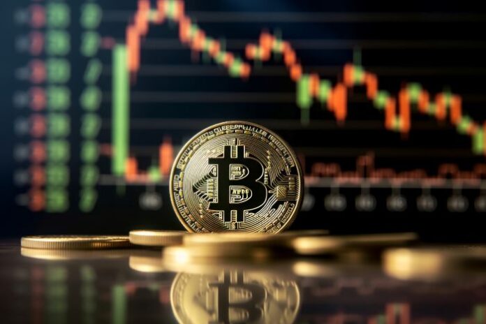 crypto-currency-gold-bitcoin-stock-market-chat-background-genertive-ai image of bitcoin with graph of crypto market in the background