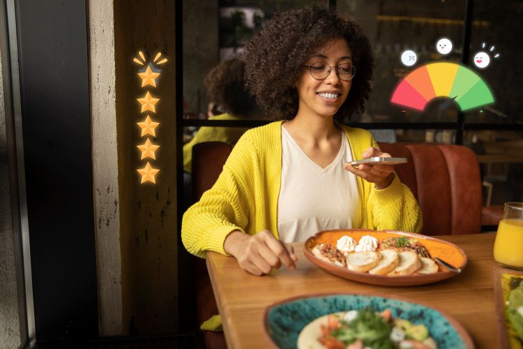 the future is connected with a young female providing a customer review on her phone
