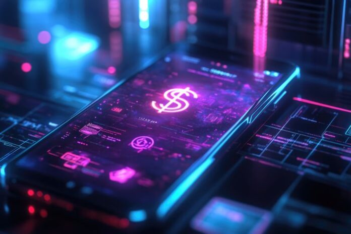 digital-dollar-closeup-phone-display-with-glowing-dollar-sign futuristic payment systems on phone