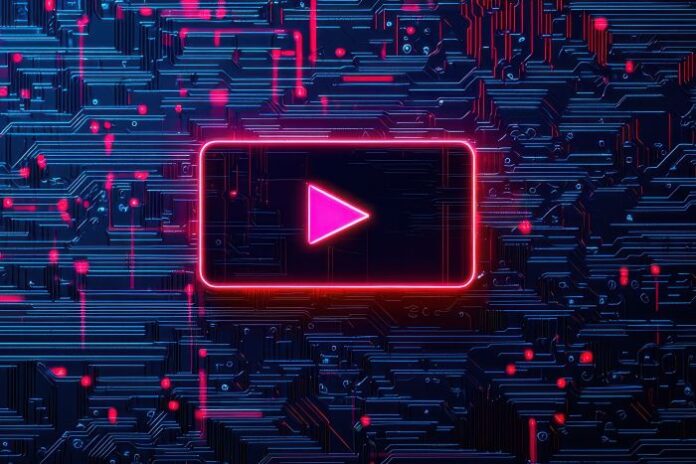 digital-search-engine-interface-with-vibrant-play-button-showcasing-futuristic-design-background-features-intricate-circuit-patterns-glowing-elements-creating-dynamic-engaging-atmosphere clicking play button on ai video