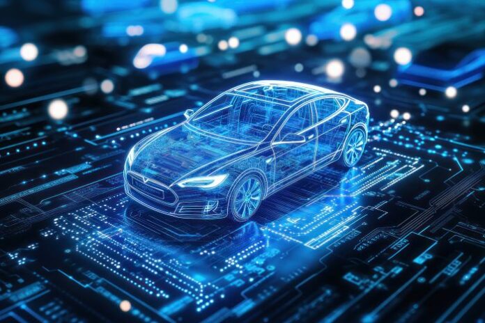 electric-car-constructed-from-blue-glowing-lines-circuit-board-surrounded-by-data-points-circuit-board-design-symbolizing-advanced-technology-innovation-electric-vehicle car showing off vehicle technology