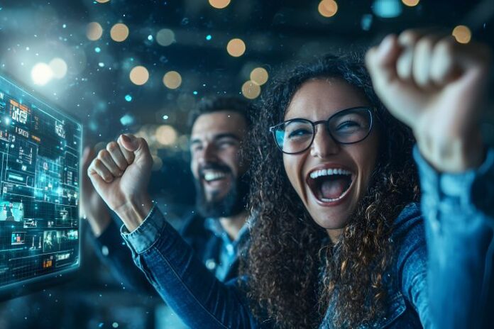 excited-friends-celebrating-gaming-victory-together excited team showing Employee Advocacy