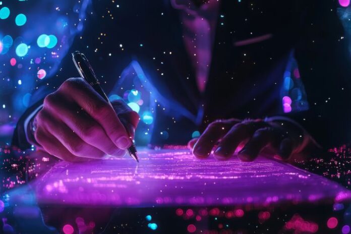 executive-reviewing-financial-reports-holographic-style executive using a note taker