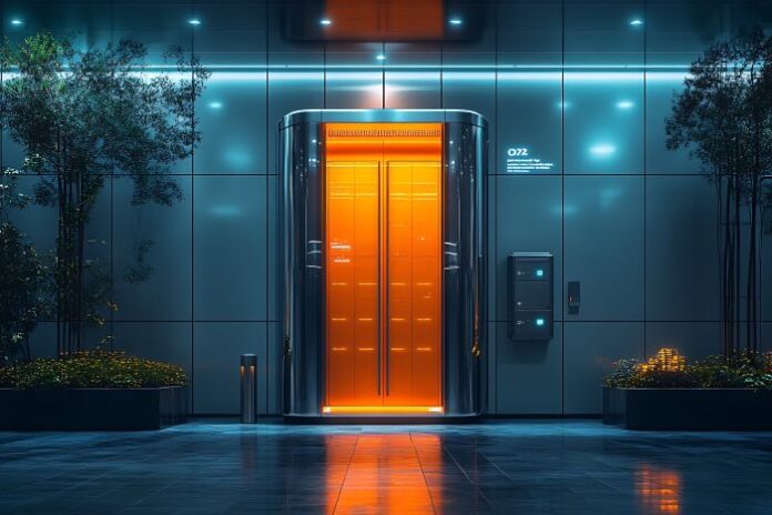futuristic-elevator-entrance-with-glowing-orange-doors-night modern builders using futuristic elevator