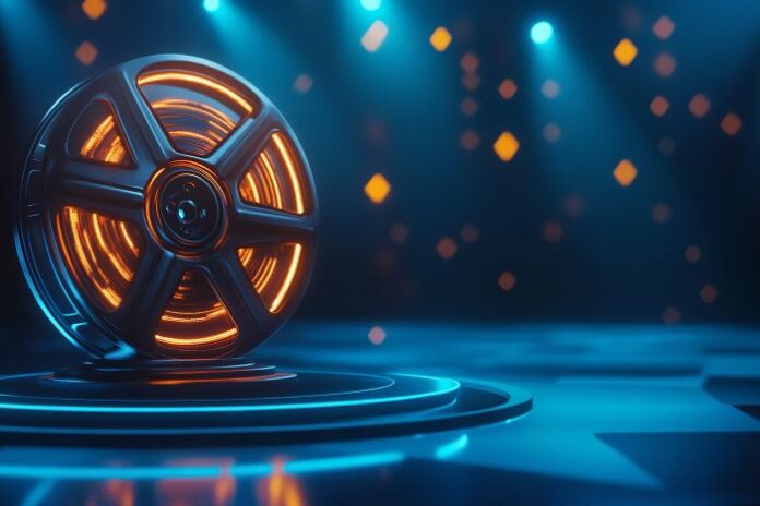 futuristic-film-reel-representing-aienhanced-video-production-blue-stage image of film roll showing creating a video with seedance