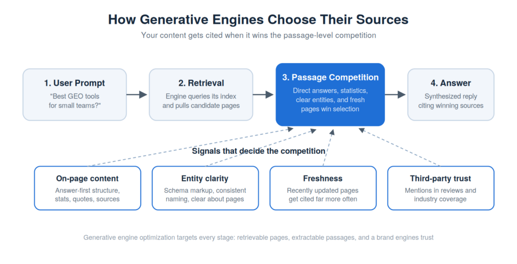 Diagram of how generative engines retrieve and select sources to cite in AI answers.
