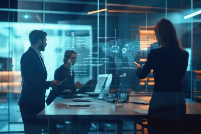 group-people-meeting-room-with-laptop-monitor-with-word-it procurement team using ai