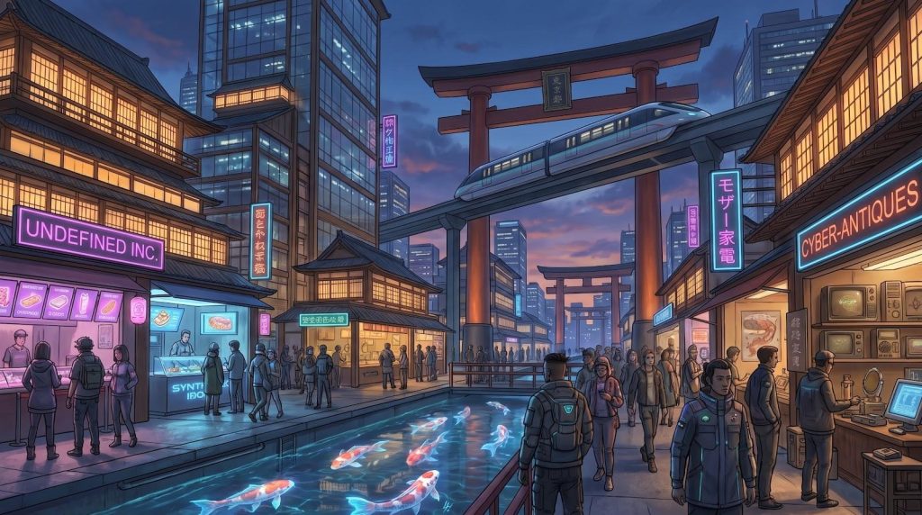 Image of people walking in asian town using omnichannel