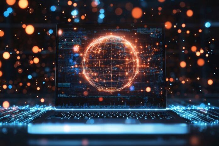 laptop-displaying-glowing-digital-globe-with-network-connections globe on laptop demonstrating web development