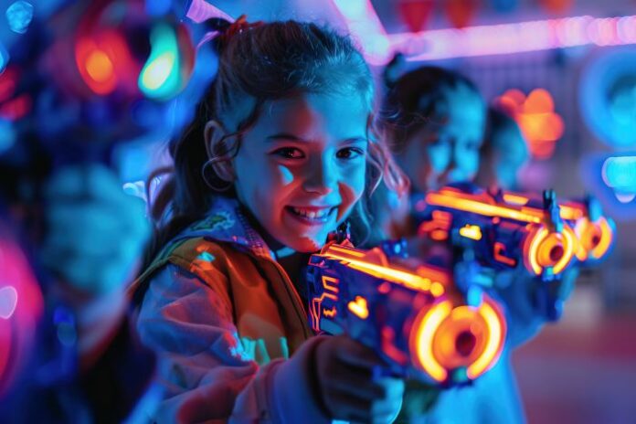 little-girl-is-holding-toy-gun-smiling-laser-tag girls using entertainment technology to play laser tag