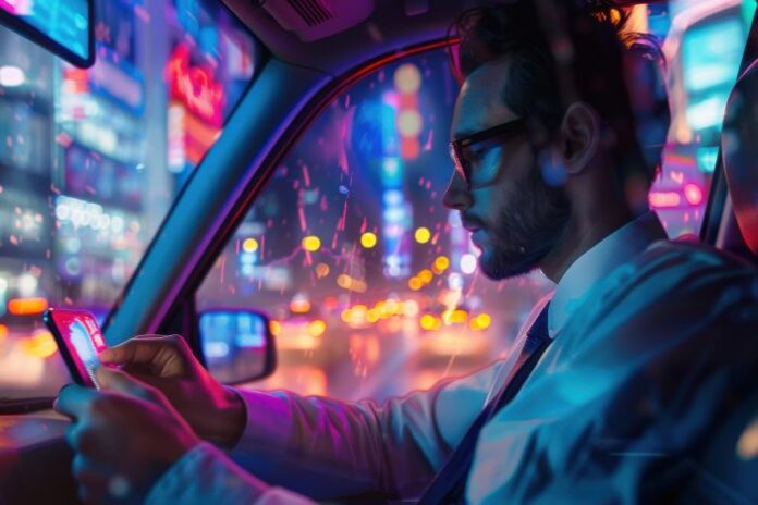 man-is-driving-car-looking-his-cell-phone-scene-is-set-city-with-bright-lights-neon-signs-man-is-wearing-suit-tie drive using Ride-Share Tech