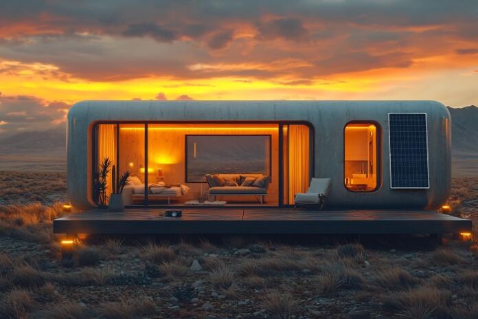 minimalist-offgrid-tiny-house-desert-setting-solar-panels-compact-porch-simple-stylish-interior tiny house using communication system off grid