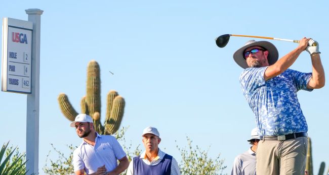 Joel Perez swinging at the USGA Mid-AM Golf tournament