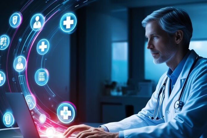 physician-utilizing-laptop-illuminated-health-symbols-aigenerated-artwork doctor performing remote patient monitoring