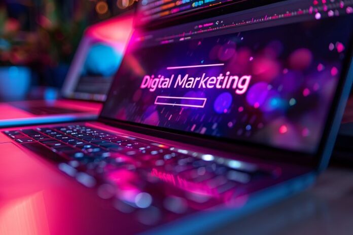 quotdigital-marketingquot-graphics-deep-gradients-bright-vibrant-colors-write-marketing-digital image of laptop showing key components of digital marketing