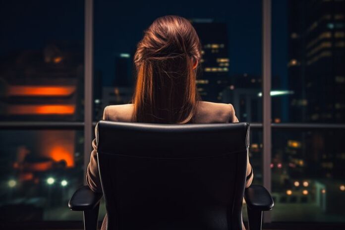 rear-view-businesswoman-sitting-chair-relaxing-office-desk executive making sales rep turnover decisions