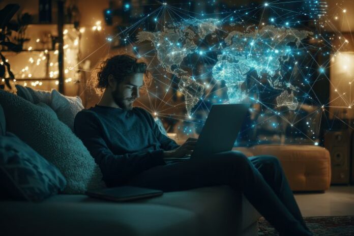remote-worker-relaxes-home-using-laptop-while-glowing-holographic-world-map person working remotely for remote tech company