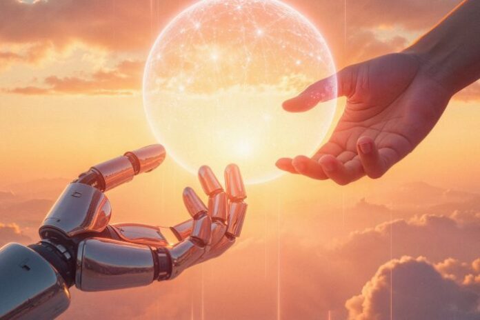 robot-human-hand-reaching-glowing-sphere-sky helping hand from virtual assistant