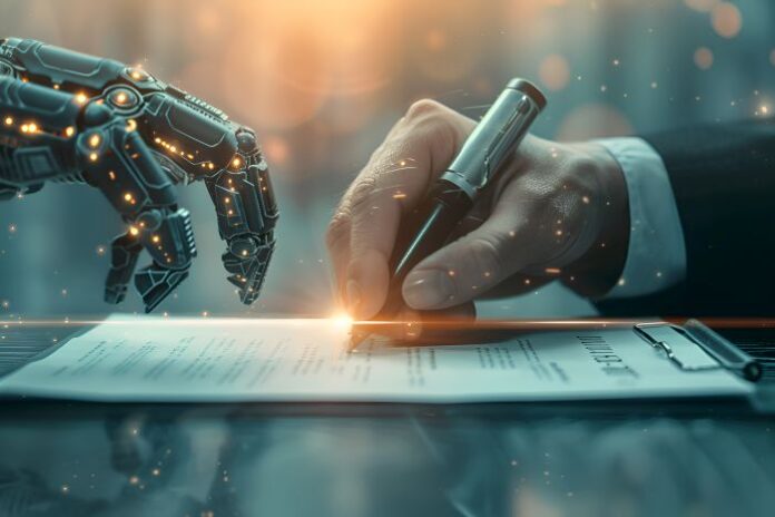 robotic-hand-human-hand-signing-contract ai and human hand performing contract management