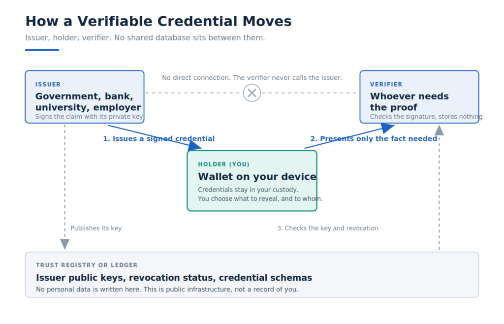 Diagram showing how a verifiable credential moves in a self-sovereign identity system: an issuer signs and issues a credential to the holder's wallet, the holder presents only the fact needed to a verifier, and the verifier checks the issuer's key against a public trust registry that stores no personal data.