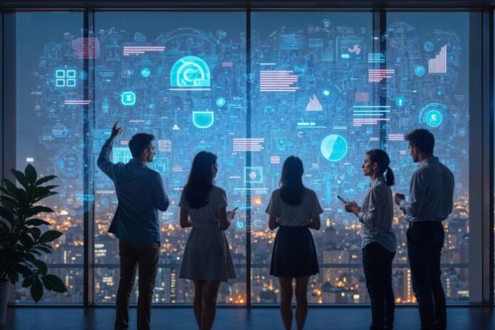 team-looking-futuristic-digital-interface-office new team hired by it staffing