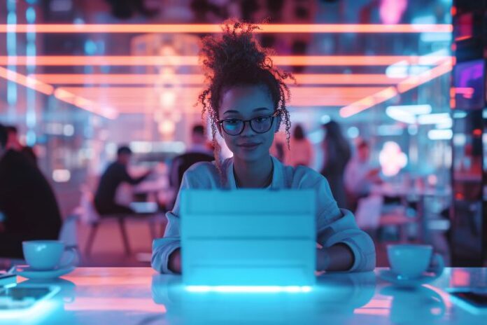 young-woman-freelancer-using-laptop-neon-light-futuristic-cafe-digital-nomad-remote-work remote employee working at a cafe