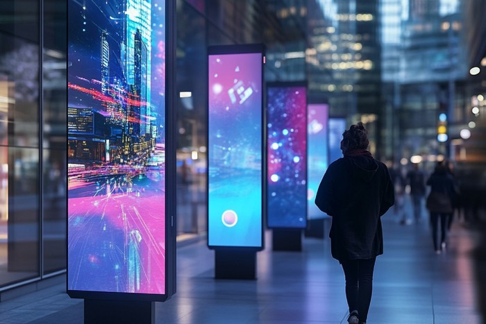 person walking by digital signage