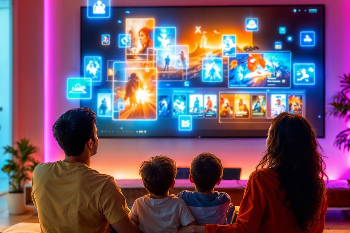 family connected to internet of things with smart tv
