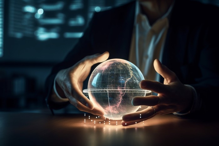 man holding globe of contractor team