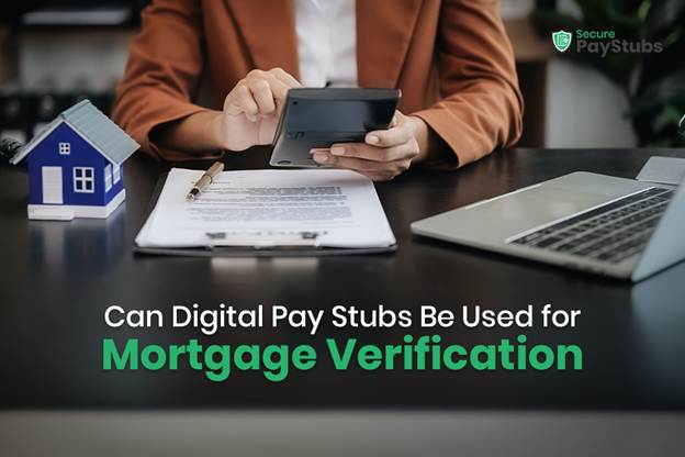 Person reviewing financial documents on a tablet alongside a laptop and house model for digital mortgage verification